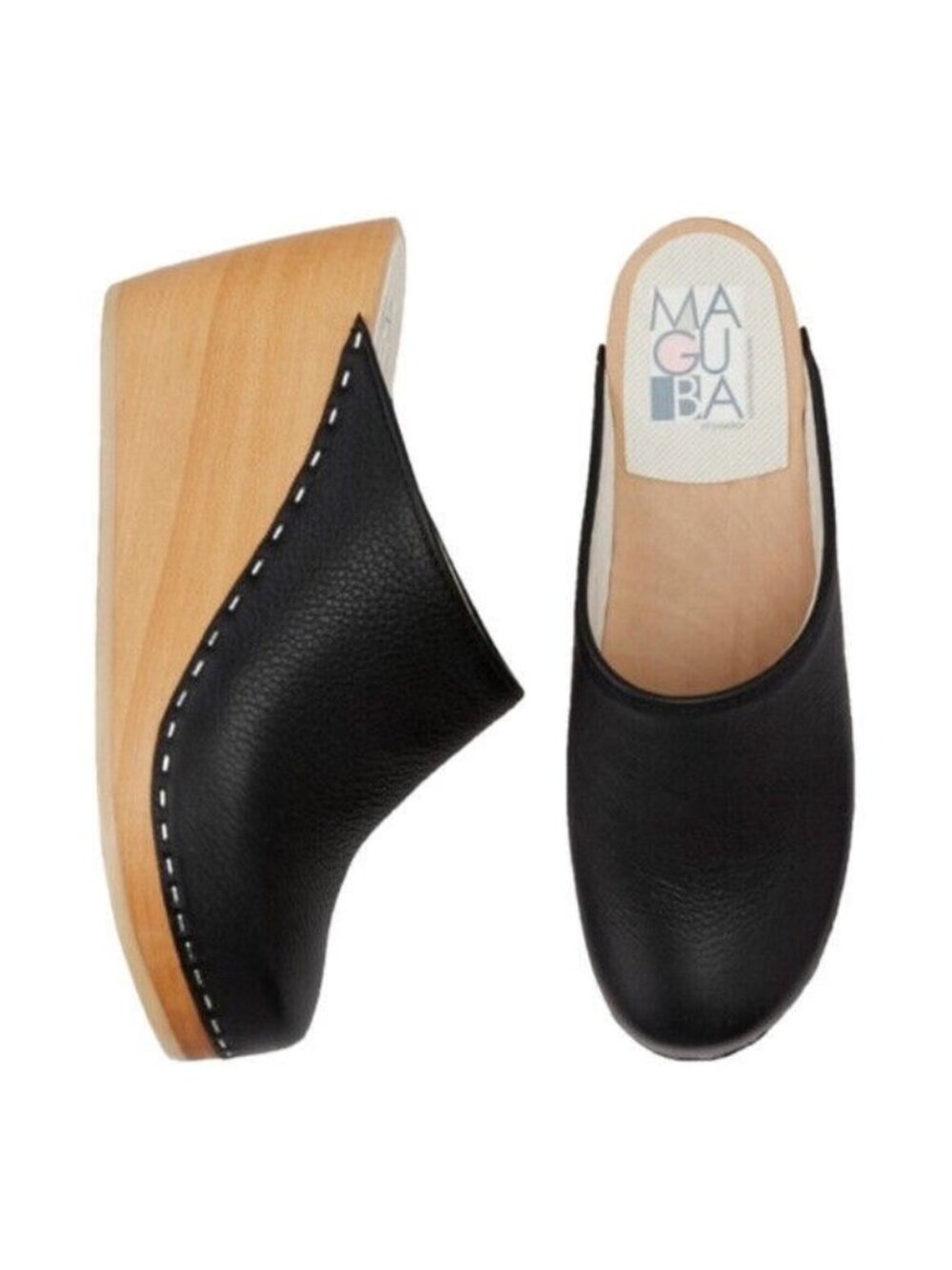 MAGUBA Swedish Clogs Wood Wedge Black Leather Designer Comfort Slip On 38 8
